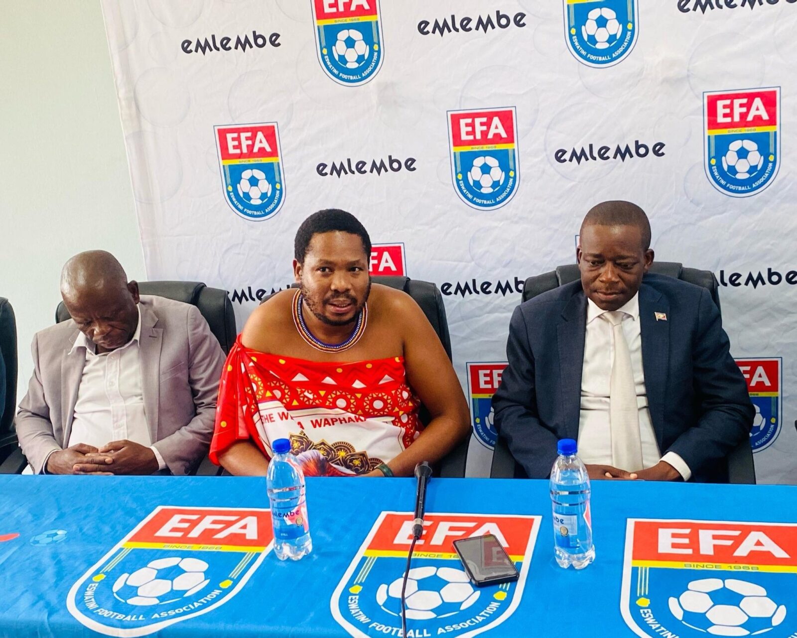 Minister of Sports, Culture and Youth Affairs Bongani Nzima bids farewell to the national team, Sihlangu Semnikati, as they leave the country for the 2026 FIFA World Cup Qualifier matches against Cameroon and Mauritius at Mbombela Stadium in South Africa.