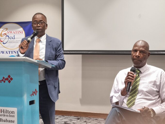 Board Chairperson Sammy Dlamini and Peter Simelane, CEO addressing shareholders during the EswatiniMed Annual General Meeting at the Hilton Garden Inn, announcing the restoration of unity and stability within the organization. Photo: Adekunle Owolabi/Independent News Eswatini [