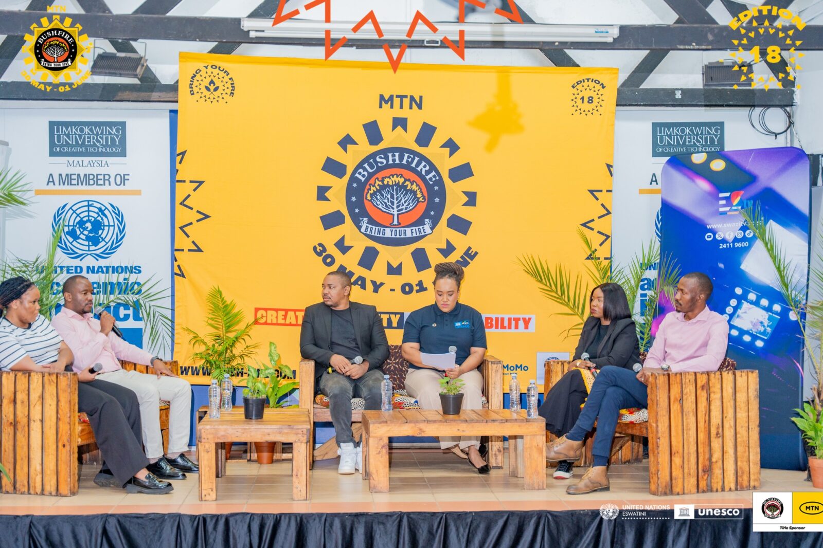 Panelists at the MTN Bushfire UN Live event in Eswatini discuss key issues facing the creative sector, including access to information, funding challenges, and the importance of collaboration for growth.