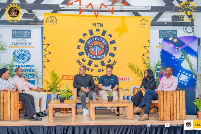 Panelists at the MTN Bushfire UN Live event in Eswatini discuss key issues facing the creative sector, including access to information, funding challenges, and the importance of collaboration for growth.