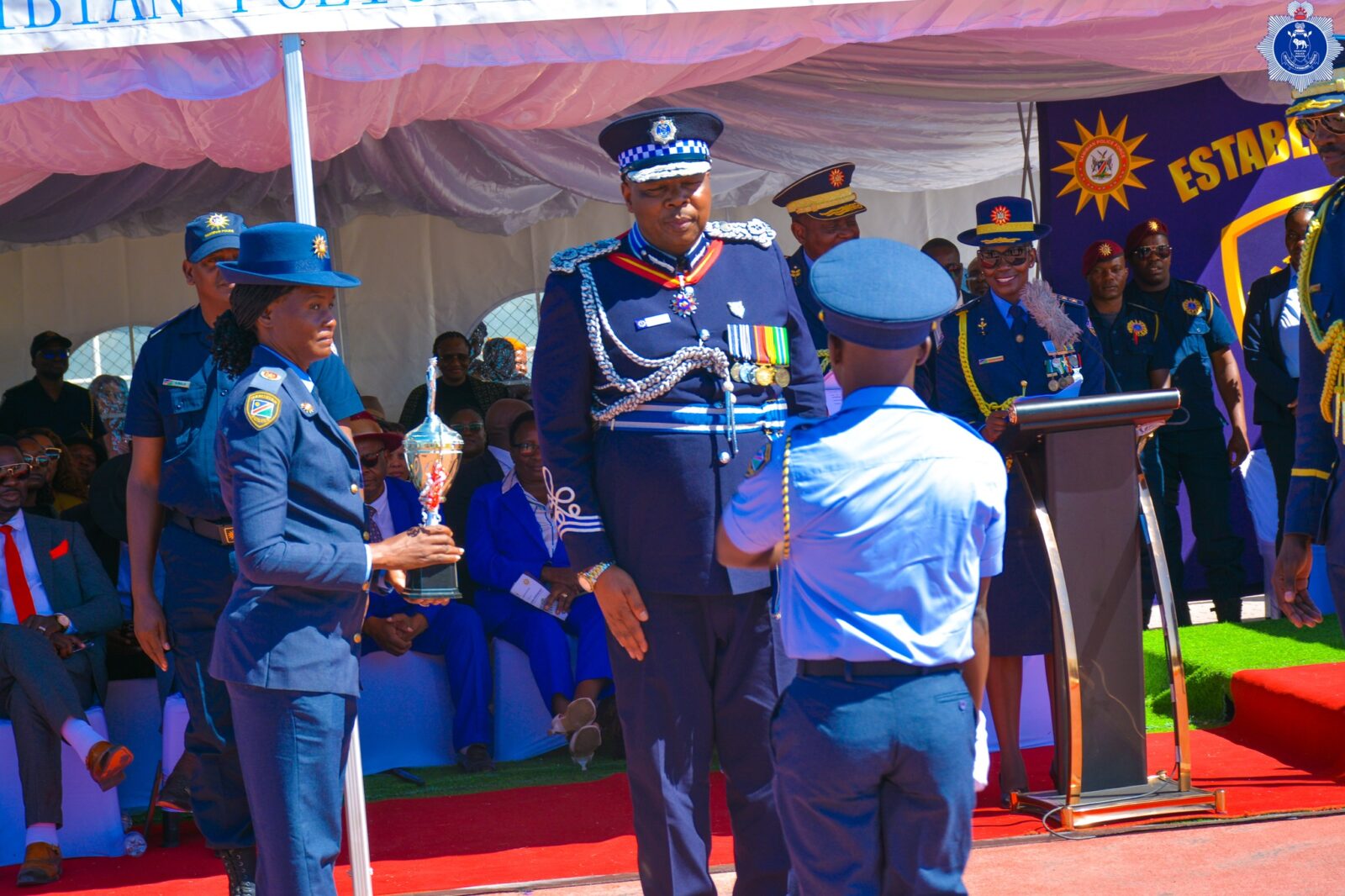 Commissioner Masango hands over a trophy during the Namibia Police Day ceremony, strengthening ties through regional recognition and camaraderie. Photo: Royal Eswatini Police Service