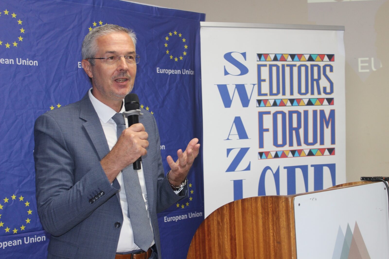 EU Ambassador to Eswatini, Karsten Mecklenburg, with local journalists and media practitioners during the 2025 World Press Freedom Day commemoration at Mountain View Hotel in Mbabane.