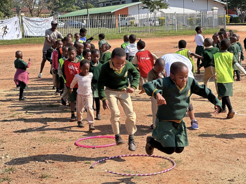 Learners from Lobamba National Primary School take part in fun relay races during World Kids’ Athletics Day, held on 7 May 2025, in partnership with Athletics Eswatini.
