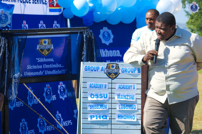 An official speaks to police officers during the launch of the NATCOM’s Cup tournament at Matsapha Police Academy. Photo: Royal Eswatini Police Service