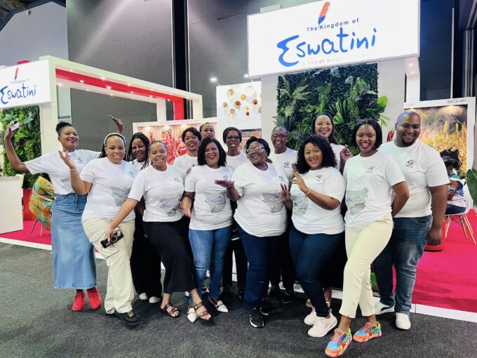 Eswatini tourism stakeholders dressed in Eswatini Air-branded shirts at the airline’s stand during the final day of Africa’s Travel Indaba 2025 in Durban, marking two years of Eswatini Air’s operations.
