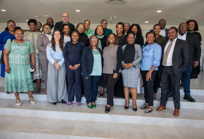 Representatives from the Central Bank of Eswatini, Ministry of Finance, FSRA, and CFI pose for a group photo after a financial inclusion session in Mbabane. Dr. Alfred Hannig, CEO of the Alliance for Financial Inclusion, is seen standing at the back. Photo: Central Bank Eswatini