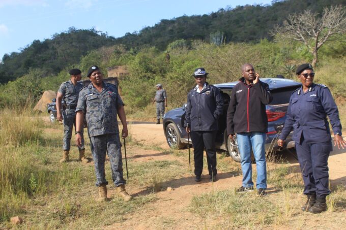 National Commissioner of Police, Mr. Manoma Vusie Masango, addresses residents and police officers at Jericho during the ongoing search for the missing 8-year-old girl. Photo: Royal Eswatini Police Service