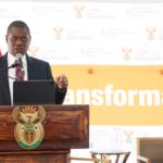 Deputy President Paul Mashatile delivers a keynote address at Business Breakfast engagement session and launch of the Transformation Fund at the Freedom Park Heritage Site and Museum in Pretoria. [Photo: GCIS]