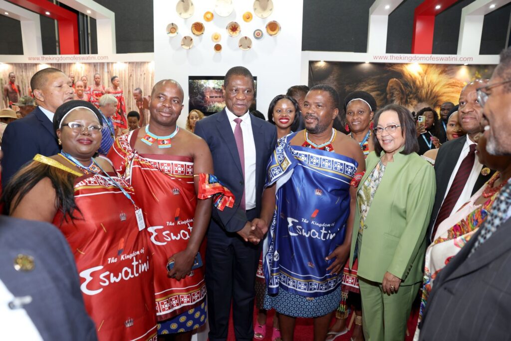Acting Minister of Tourism and Environmental Affairs, Honourable Skhumbuzo Dlamini, and ETA CEO, Mr. Vusie Dlamini, pictured alongside South Africa’s Deputy President, Honourable Paul Mashatile, speaking to the media at the official opening of Africa’s Travel Indaba 2025 at the Durban ICC.