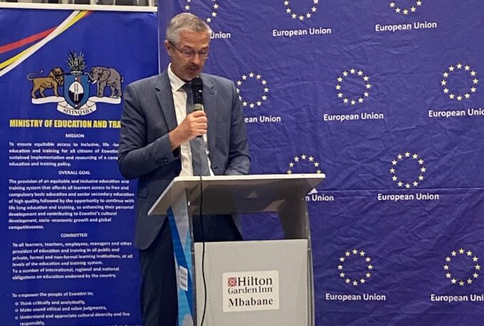 EU Ambassador to Eswatini, Karsten Mecklenburg, making his remarks at The Hilton Garden Inn, Mbabane (pic: Nkosingiphile Myeni)
