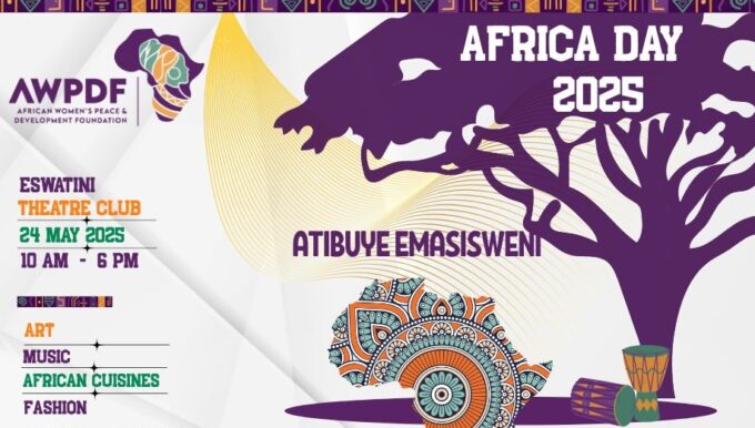 Flyer for the AWPDF Africa Day Food and Cultural Festival at Eswatini Theatre Club on 24 May 2025, celebrating African heritage and the call for reparations.