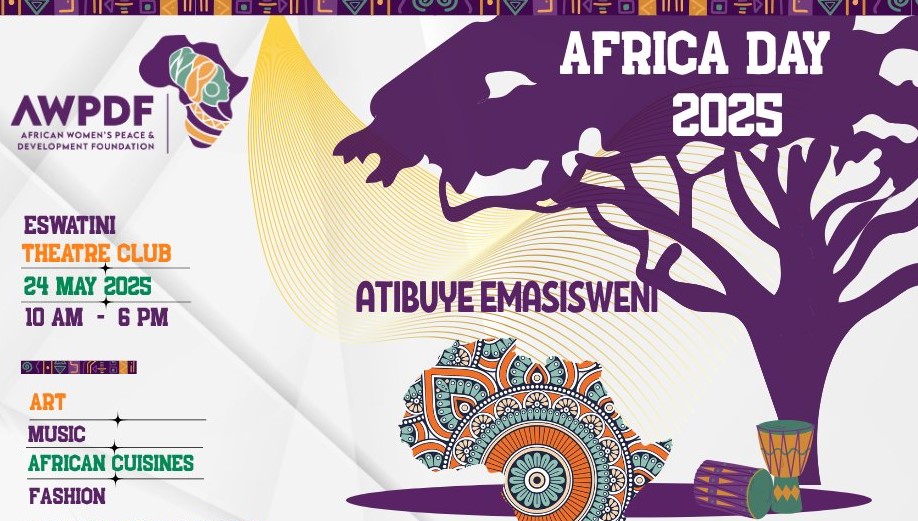 Flyer for the AWPDF Africa Day Food and Cultural Festival at Eswatini Theatre Club on 24 May 2025, celebrating African heritage and the call for reparations.
