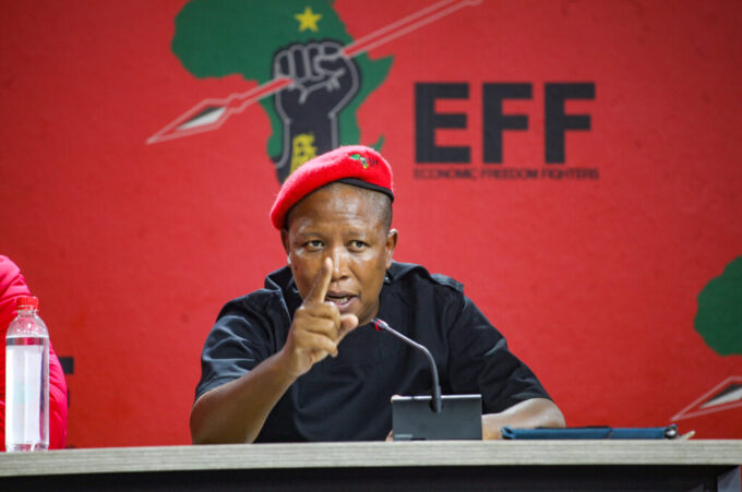 JOHANNESBURG, SOUTH AFRICA - NOVEMBER 25: CIC Julius Malema addresses the media at Winnie Madikizela Mandela House on November 25, 2021in Johannesburg, South Africa. This follows the Inaugural Council Meetings held across the country. (Photo by Gallo Images/Sharon Seretlo)