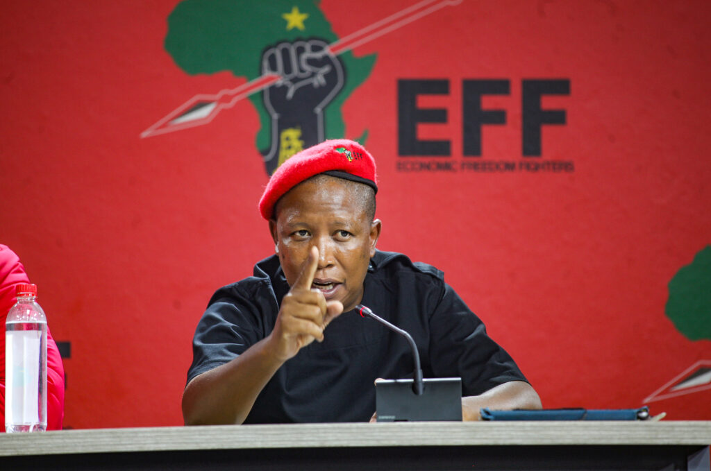 JOHANNESBURG, SOUTH AFRICA - NOVEMBER 25: CIC Julius Malema addresses the media at Winnie Madikizela Mandela House on November 25, 2021in Johannesburg, South Africa. This follows the Inaugural Council Meetings held across the country. (Photo by Gallo Images/Sharon Seretlo)