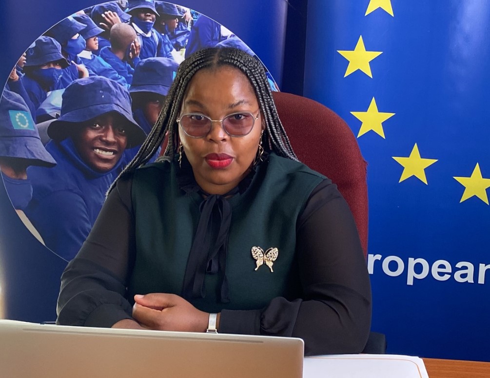 Hlengiwe Nkambule, member of the EU-Eswatini Youth Advisory Board, during her virtual participation in the AU-EU Youth Forum held ahead of the ministerial summit in Brussels. Photo: EU-Eswatini
