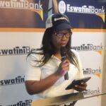 Eswatini Bank Managing Director Noziziwe Mulela speaks with delegates and editors