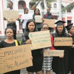 FEBRUARY 22, 2017 DISILLUSIONED: Unemployed graduates vent their frustration outside the East London City Hall as they have no jobs despite being qualified. Picture: ALAN EASON © Daily Dispatch