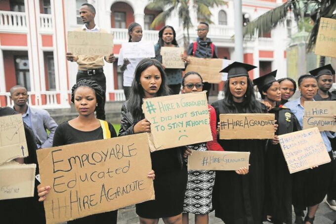 FEBRUARY 22, 2017 DISILLUSIONED: Unemployed graduates vent their frustration outside the East London City Hall as they have no jobs despite being qualified. Picture: ALAN EASON © Daily Dispatch