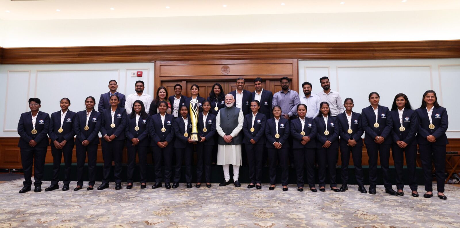 Prime Minister Narendra Modi meets the Indian Blind Women’s Cricket Team following their World Cup victory. Photo by X/@narendramodi.