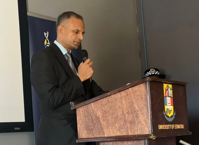 India’s High Commissioner to Eswatini Ram Prasad delivers his address during the launch of the Mission Shaktisat poster at the RSTI event. Photo by Ministry of Information, Communications and Technology.