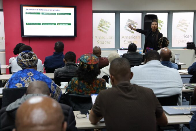 Dawn Dickson engages Eswatini entrepreneurs during an AI driven marketing workshop hosted by the U.S. Embassy in Mbabane last Monday.