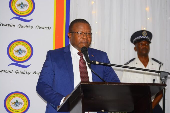 Honourable Manqoba B. Khumalo, Minister of Commerce, Industry and Trade, addresses stakeholders during the industry awards ceremony at The George Hotel in Manzini.