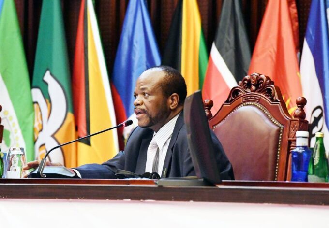 His Majesty King Mswati III addresses delegates during the 11th OACPS Summit in Malabo, Equatorial Guinea, where he called for strengthened resource mobilisation among member states.