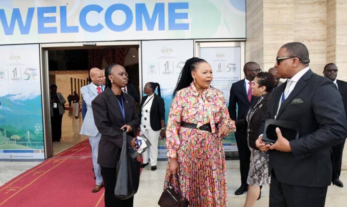 Minister of Foreign Affairs Pholile Shakantu in discussion with H.E. Mr. Sibusisiwe Mngomezulu, Presidency of the Committee of Ambassadors of the Organisation of African, Caribbean and Pacific States, during engagements in Malabo, Equatorial Guinea.