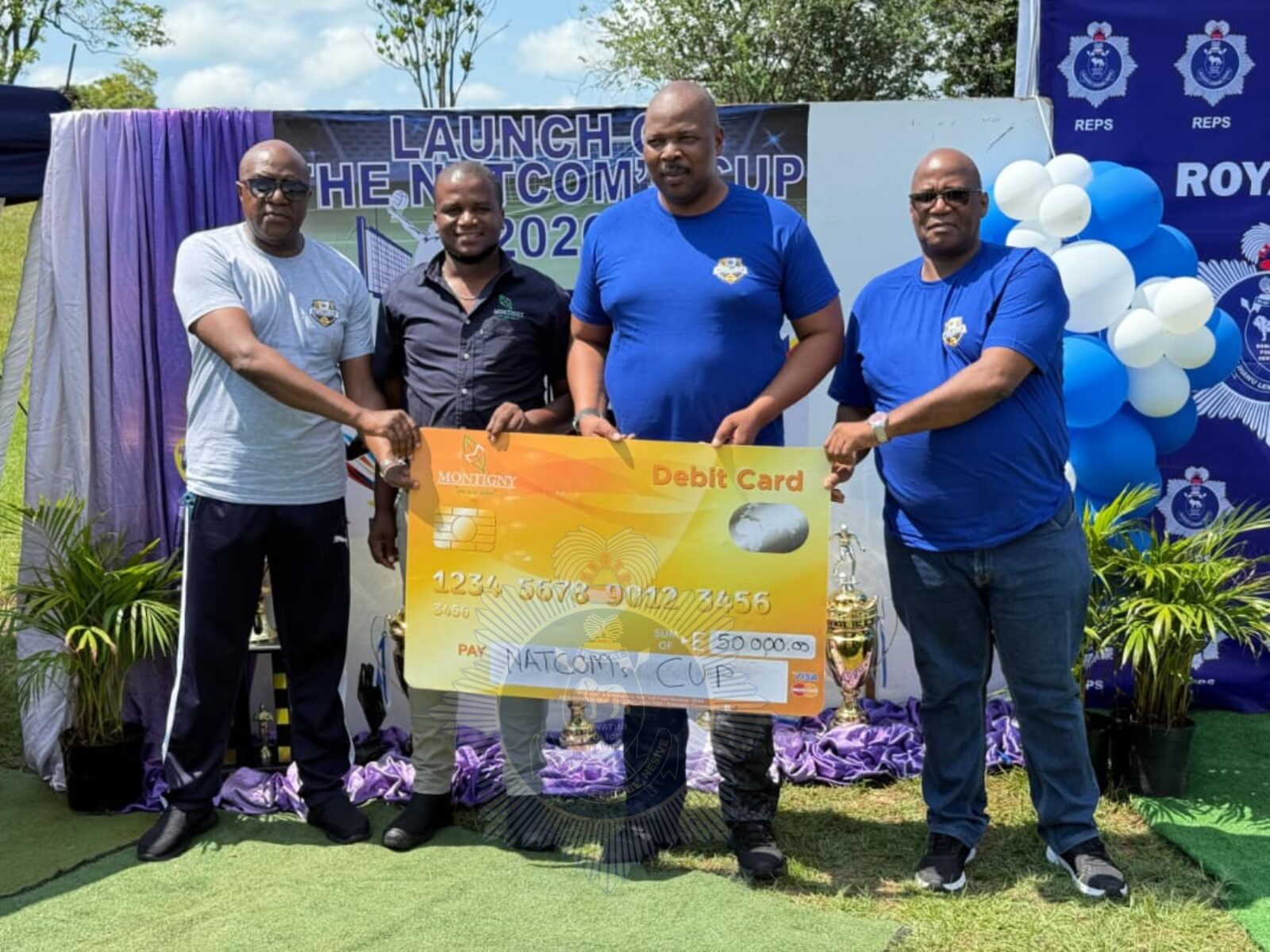 National Commissioner of Police Mr. Manoma Vusie Masango launches the NATCOM Cup 2026 at Matsapha Police Academy alongside Chairperson Mr. Shedrack Simelane. Photo credit: Royal Eswatini Police Service.