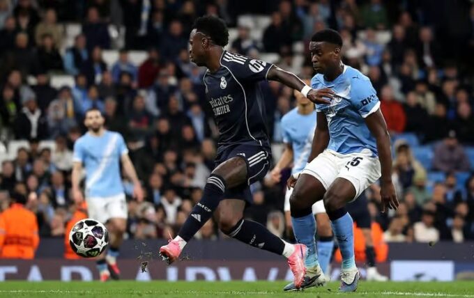 Vinicius Jr scored both Real Madrid goals as they won 2-1 in Manchester. Getty Images