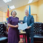 Honourable Minister of Foreign Affairs and International Cooperation Senator Pholile Shakantu receives Letters of Appointment from UNAIDS Country Director and Multi Country Representative Mr Alankar Malviya during a meeting in Mbabane