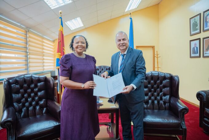 Honourable Minister of Foreign Affairs and International Cooperation Senator Pholile Shakantu receives Letters of Appointment from UNAIDS Country Director and Multi Country Representative Mr Alankar Malviya during a meeting in Mbabane