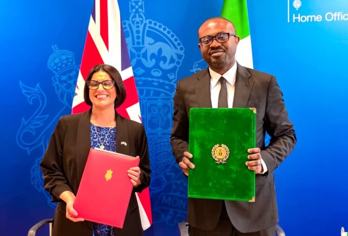 UK Home Secretary Shabana Mahmood and Nigeria’s Interior Minister Dr Olubunmi Tunji Ojo display the signed agreement on deportation cooperation during President Bola Ahmed Tinubu’s state visit to the United Kingdom.