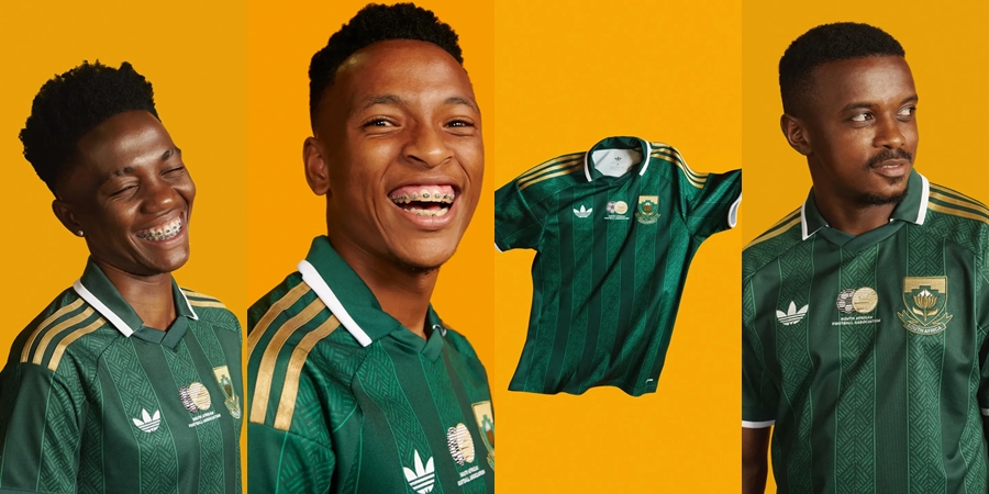 Bafana Bafana and Banyana Banyana players modelling the new 2026/27 away jerseys in green and gold.