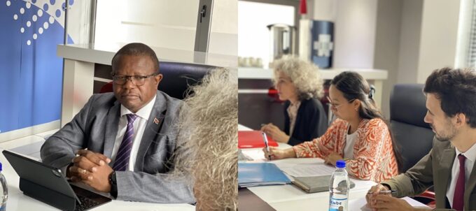 Minister Manqoba Khumalo with Agence Française de Développement representatives during discussions on investment and development opportunities in Mbabane.