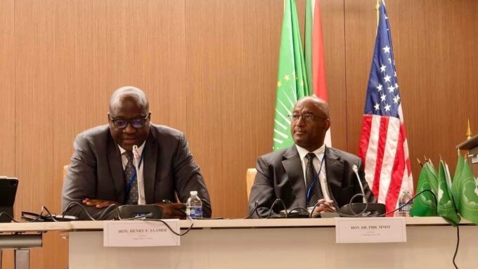 CBE Governor Dr Phil Mnisi (right) meets with Hon. Henry Saamoi on the sidelines of the 2026 IMF–World Bank Spring Meetings in Washington D.C.