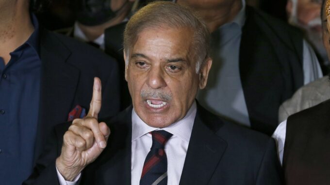 Shehbaz Sharif speaks during a press conference after the Supreme Court decision, in Islamabad, Pakistan, on April 7. Anjum Naveed/AP