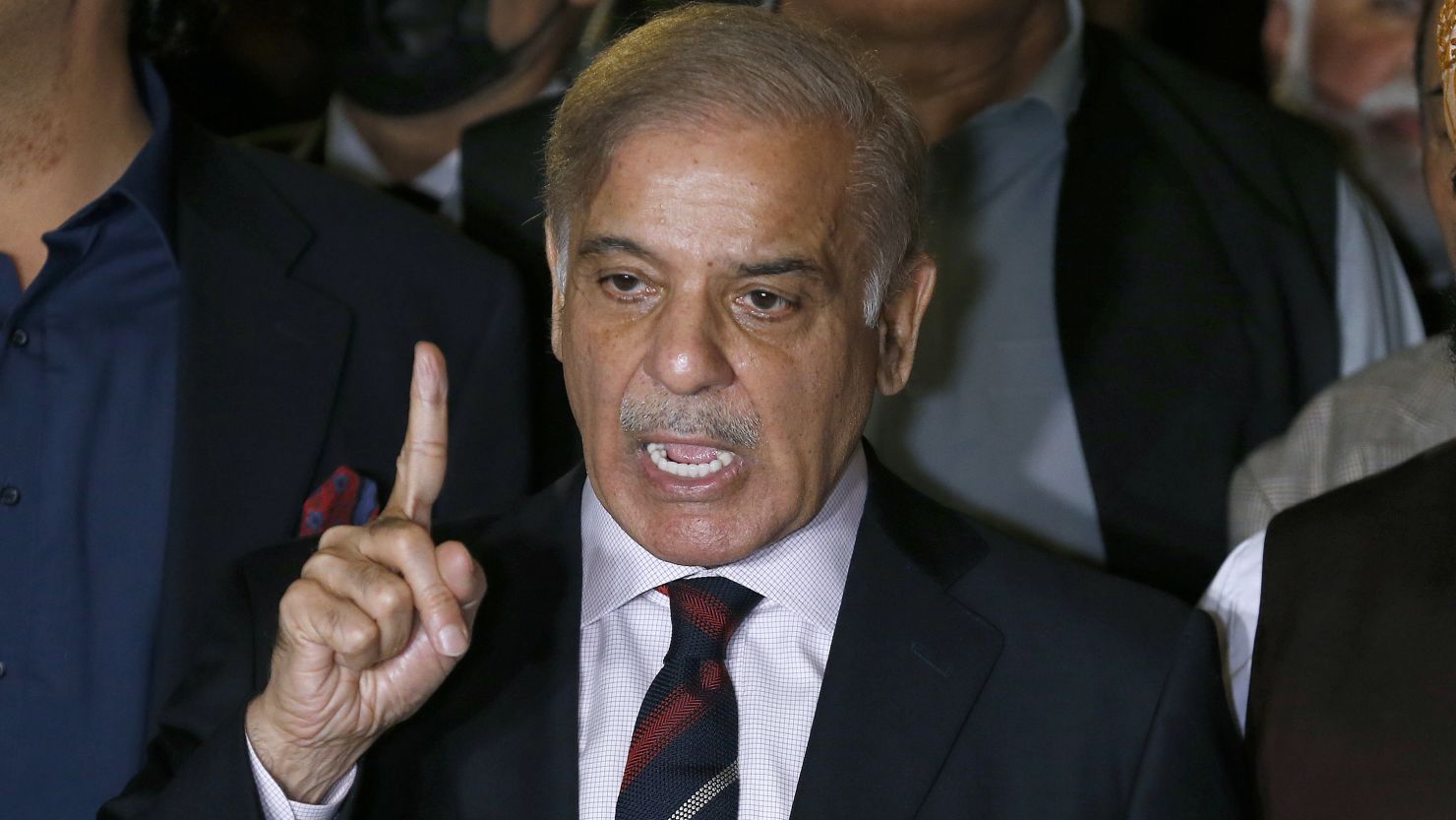 Shehbaz Sharif speaks during a press conference after the Supreme Court decision, in Islamabad, Pakistan, on April 7. Anjum Naveed/AP