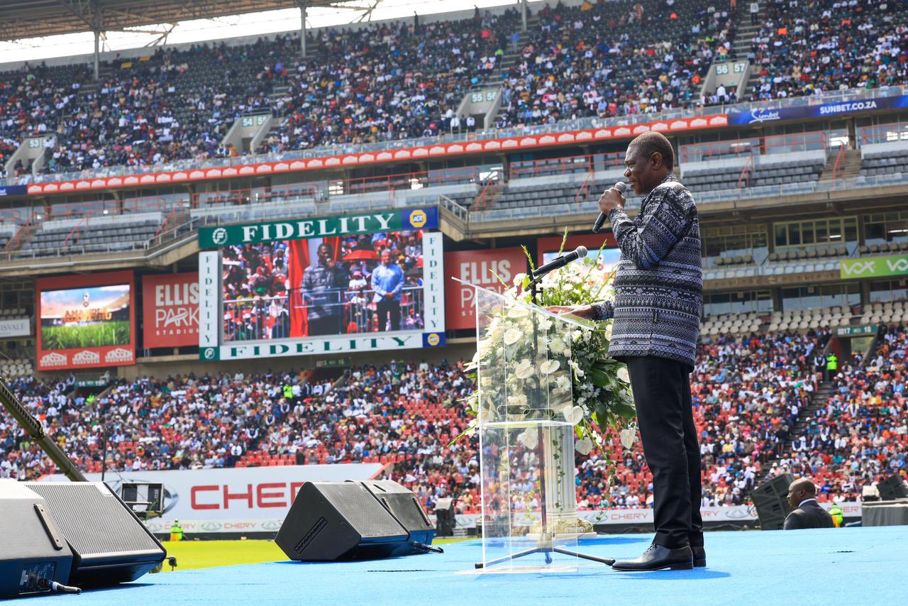 Deputy President Shipokosa Paul Mashatile addresses congregants during the Good Friday service at UCKG Ellis Park Stadium in Johannesburg.