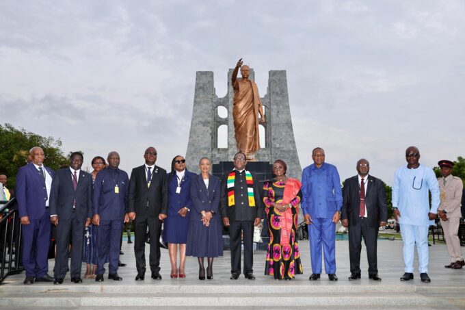 President Emmerson Mnangagwa poses for a group photo with his delegation during his state visit to Accra, Ghana.
