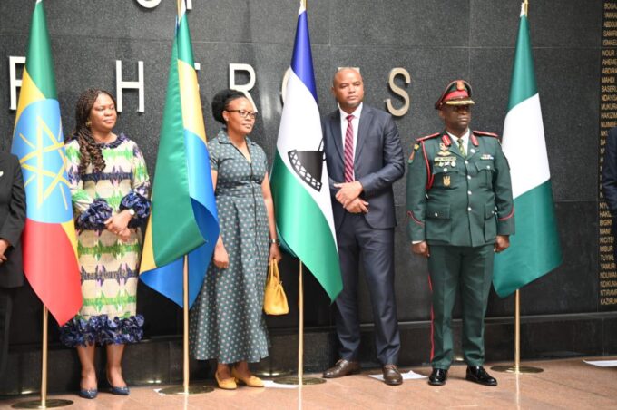 H.E. Ambassador Ntsiuoa Sekete of Lesotho oversees the ceremonial raising of the national flag at the African Union,