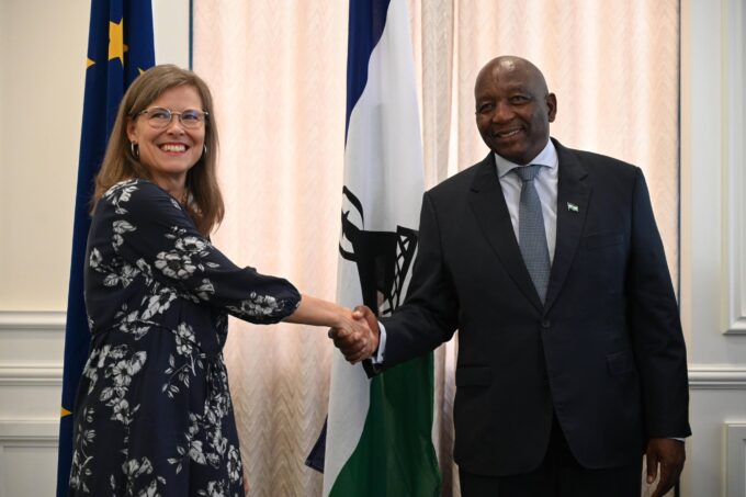 Prime Minister Sam Matekane of Lesotho shakes hands with European Union Ambassador H.E. Mette Matilda Sunnergren during a courtesy call at the State House in Maseru. Photo credit: EU in Lesotho.