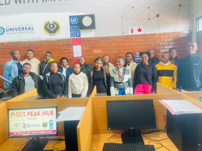 Participants of the Basic Computing Program at Piggs Peak Innovation Hub gather for a group photo after the launch on 8 April 2026.