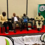 Bishop Thakadu Ramela, Honourable Motlatsi Maqelepo and Mr Elliot Lehora seated during the Moshoeshoe’s Day Horse Race press briefing in Maseru. Photo by LENA