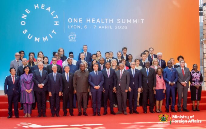 Heads of state join French President Emmanuel Macron for a group photo during the high level summit in Lyon, France, on April 8, 2026.