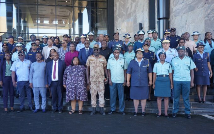 Ministry of Home Affairs, Immigration, Safety and Security Minister Lucia Iipumbu, newly appointed Deputy Minister Edward Wambo and staff members pose for a group photo during the leadership reception held at the Ministry's Head Office in Windhoek. Photo: Supplied