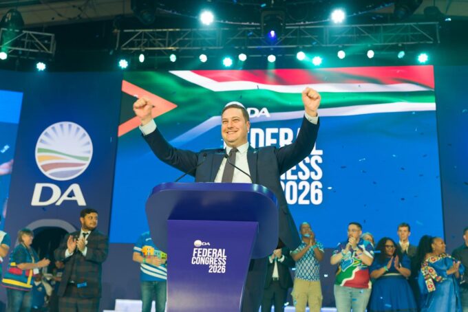 Geordin Hill Lewis addresses delegates moments after being elected as the new DA federal leader at the party’s congress in Midrand on Sunday.