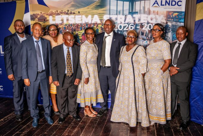 Lesotho Deputy Prime Minister Nthomeng Majara, LNDC Chief Executive Officer Thabo Khasipe, Minister of Trade Industry and Business Development Mokhethi Shelile and other dignitaries and industry leaders pose for a group photo during the official launch of the Letsema Strategy 2026 to 2031 at Avani Maseru. Photo: Supplied