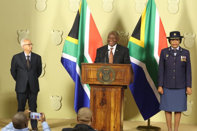 : South African President Cyril Ramaphosa addresses the media at the Union Buildings in Pretoria on Thursday, announcing the precautionary suspension of National Police Commissioner General Fannie Masemola and the appointment of Lieutenant General Puleng Dimpane as acting National Police Commissioner. Photo by GCIS