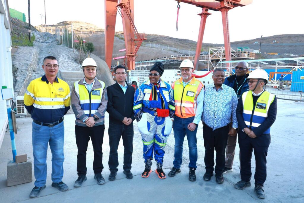 Minister Majodina, Deputy Minister David Mahlobo, Minister Moleko, and High Commissioner Constance Seoposengwe join other officials for a group photo during the official launch of the second Tunnel Boring Machine at Polihali, marking a major milestone in Phase II of the Lesotho Highlands Water Project. | Photo: Supplied